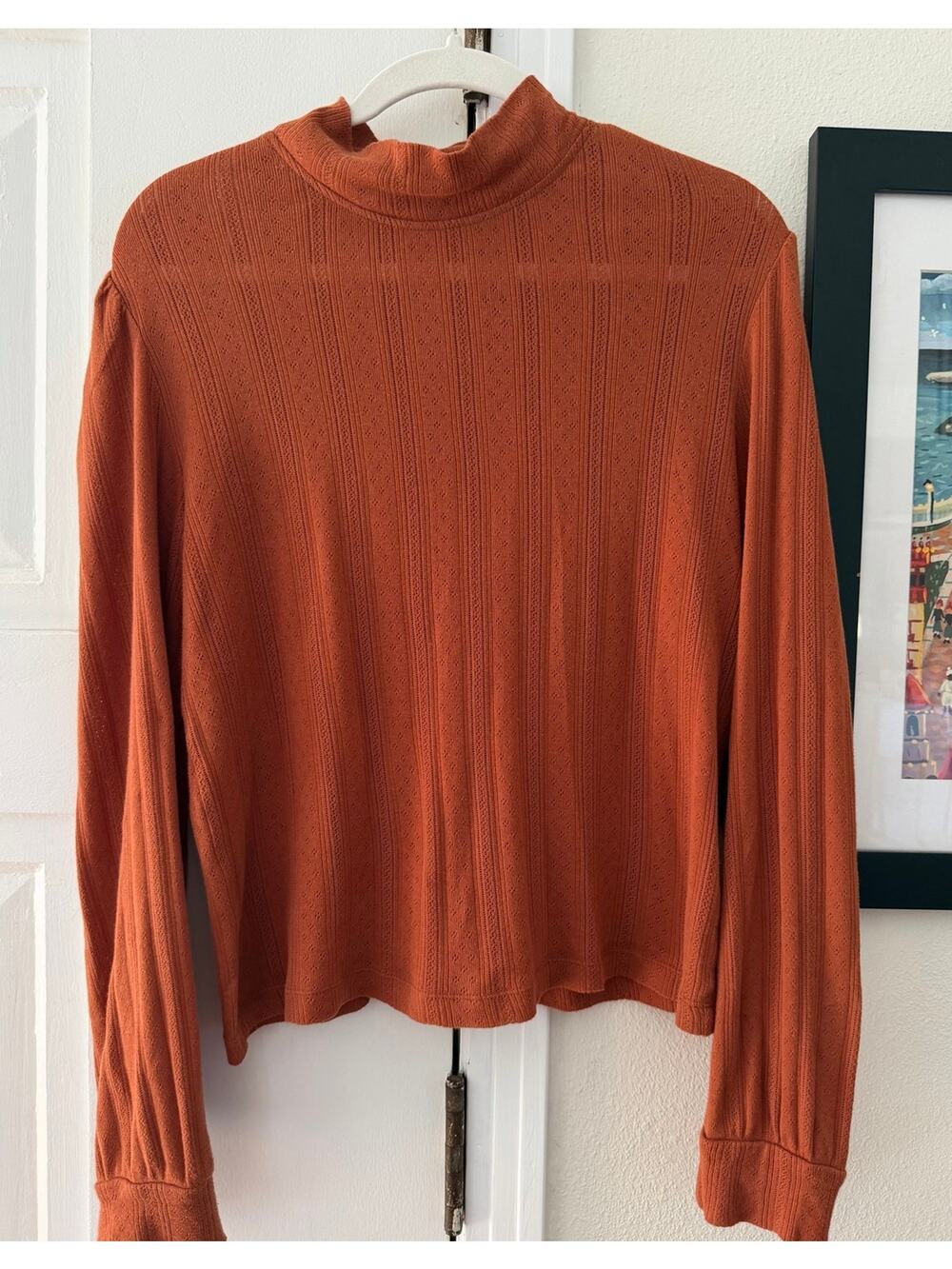 DOEN Oslo Pointelle Mock Neck Long Puff Sleeve Top / rust / burnt orange Sz XL